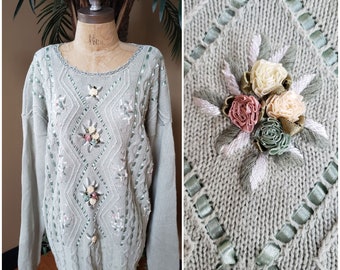 Vintage 3D Floral Embroidered Sweater BENTLEY Ribbons Roses Pale Mint Sage Light Green Cotton Fits Women's Size Large L to Extra Large XL