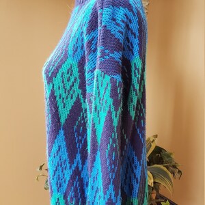 Vintage CROQUET Sweater_Argyle Style Ski Fair Isle Nordic_Teal & Navy Blue Green Diamond_Acrylic_Soft Cozy_Womens Size Medium M - Large L image 3