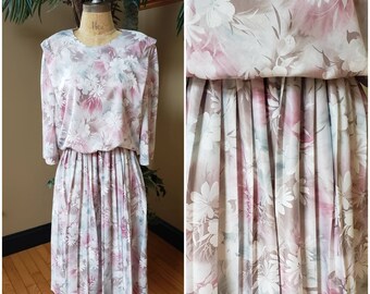 Vintage 80's Pastel Floral Blouson Dress_Pleated Skirt_Flowy Romantic Cotton Candy Colors_3/4 Lenth Sleeve_Fits up to Womens Medium M Size 8