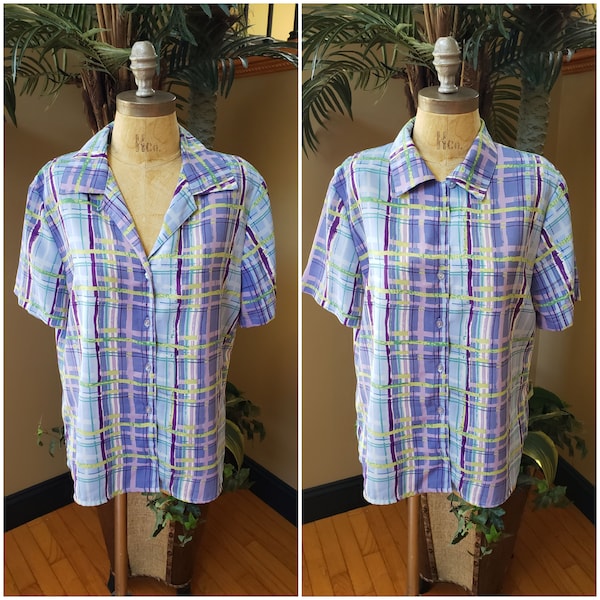 Vintage Purple Plaid Short Sleeve Button Up Shirt_Silky Polyester_NOTATIONS 80's 90's_Cool Comfy Lightweight_Women's Medium or Large M L