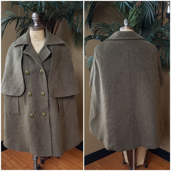 RARE Vintage Wool Cloak Cape Poncho Parka Army Olive Green Coat Fits Women's up to Extra Large XL DAVIS Jonathon Logan Boston 50's 60's