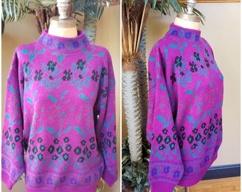 Vintage 80's 90's Floral Acrylic Sweater_HEADLINERS_Purple Teal Blue_ Mock Neck_1980's 1990's_Fits Womens Up to Large L