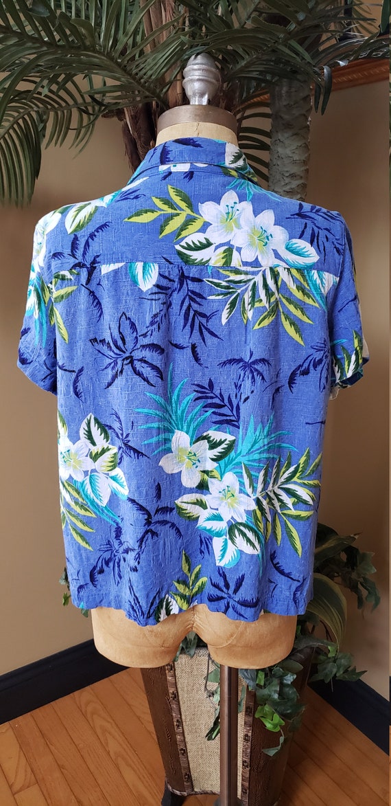 Vintage Womens HAWAIIAN Rayon Blue Green Floral S… - image 4
