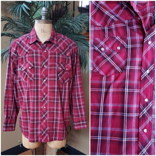 Vintage WRANGLER Western Burgundy Red Plaid Shirt Pearl Snap Up Thin Lightweight Long Sleeve Check Checkered Fits Size Men's 2XL XXL 2X