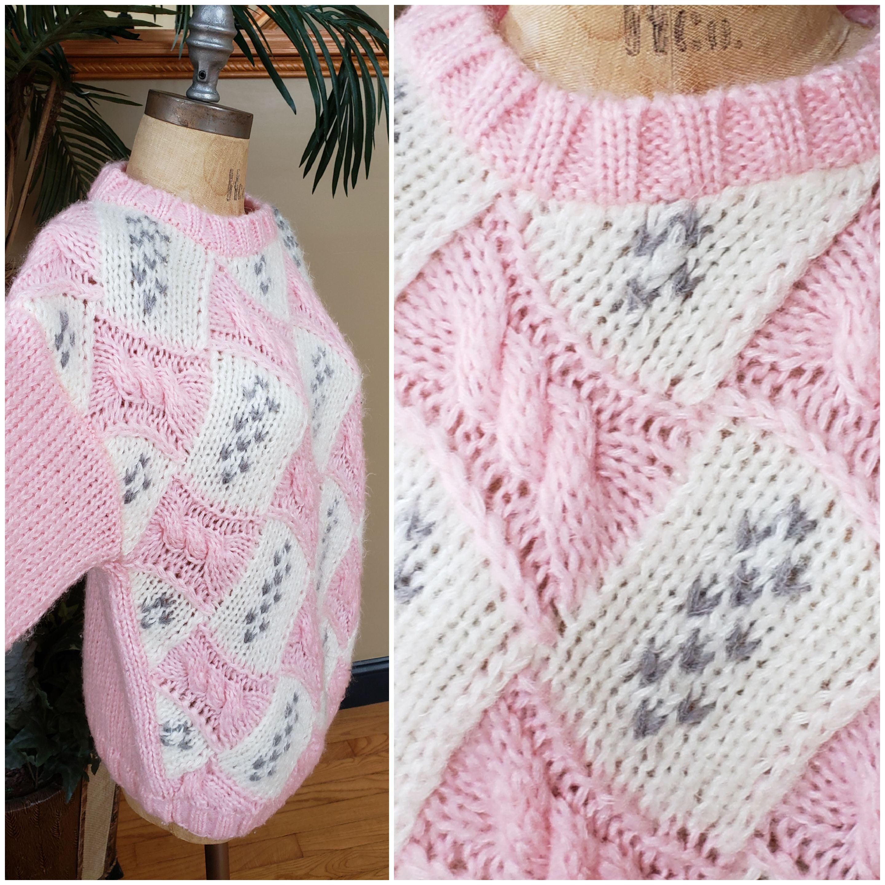 Vintage 80's 90's Pink JORDACHE Sweater_Chunky Acrylic Pastel_Fuzzy Soft Lightweight Comfy_Gray_Womens Size Medium M
