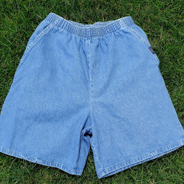 Vintage CHIC Light Wash Grandma Mom Elastic Jean Shorts High Waisted Waist Rise Denim 80's 90's Fit Women's Size  Medium / Large