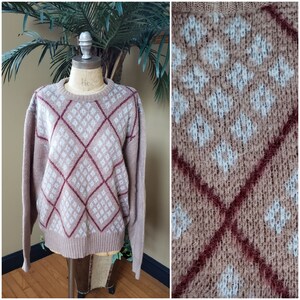 Vintage Mohair Acrylic Grandpa Sweater Argyle MOSS CREEK TRADeR Geometric Brown Beige Baby Blue Fits Men&#39;s Size Medium Women&#39;s Large  L