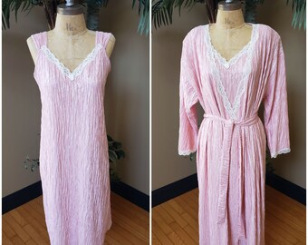 Vintage 80's LUCIE ANN Sleeveless Soft Pink Nightgown Gown & Robe Set_Flowy Baby Doll Lingerie_Fit Womens Small Medium Large S M L_Romantic