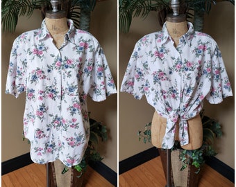 Vintage Floral Short Sleeve Button Up Shirt Top_80's 90's_Womens Large L Pastel Flowers_CITY SPORT by CAPACITY_Cool Comfy_White Blue Pink