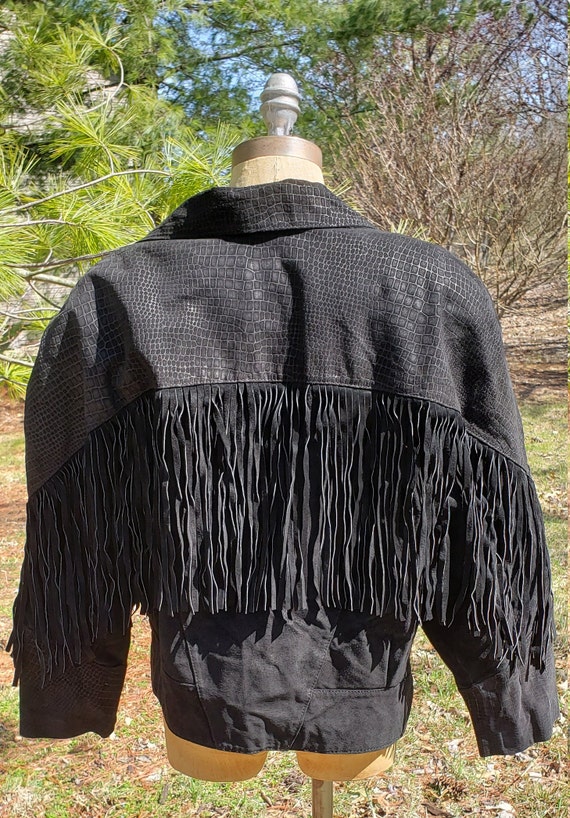 Vintage Black Suede Cropped Leather Fringe Jacket… - image 7