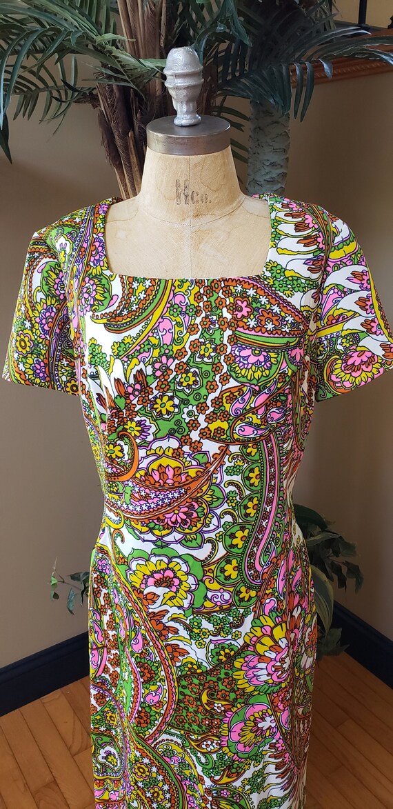 RARE Vintage 60's 70's Paisley Floral Dress_a-line_orange Pink