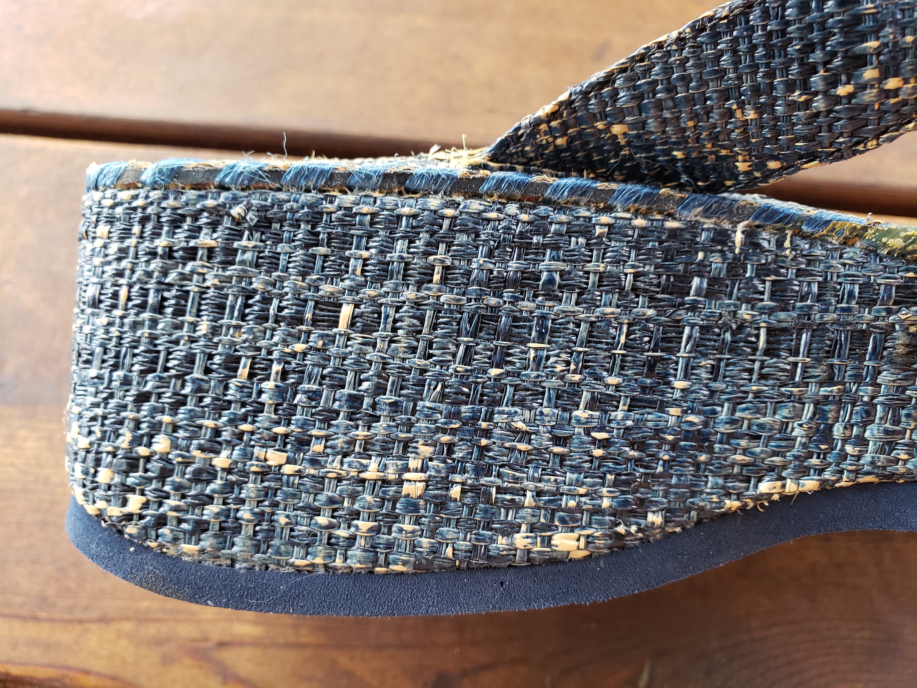 Vintage Natural Straw Sandals with Blue Straps Navy blue sandals with strap main image 2