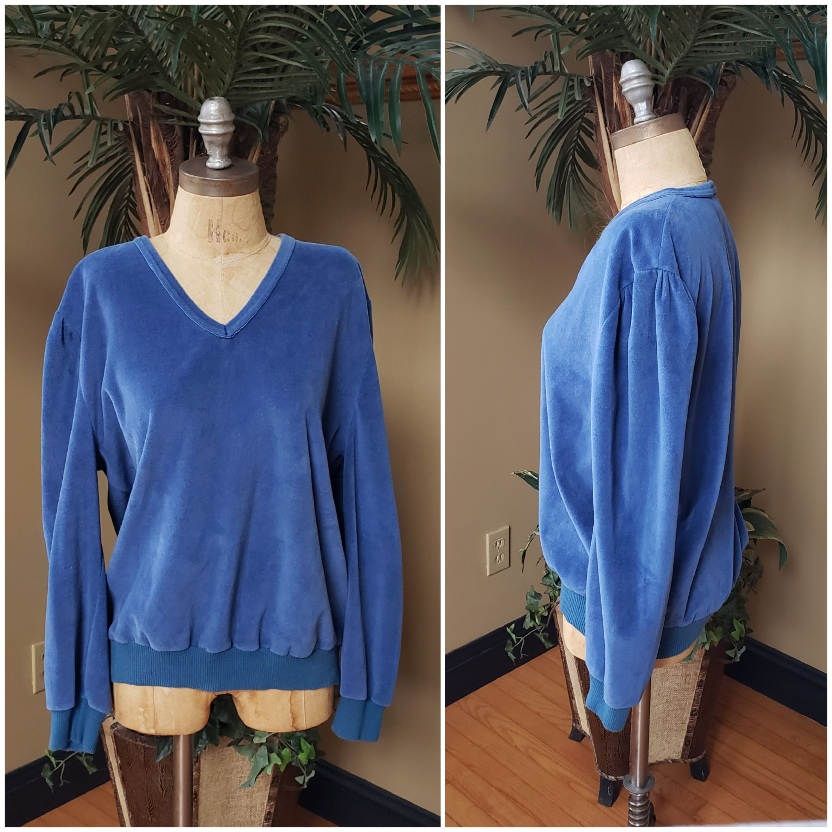 Vintage 70's 80's SEARS Blue Velour Long Sleeve Shirt V-neck Comfy