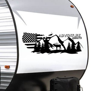 RV Camper Decal: American Flag, Deer, Mountains - Adventure Awaits