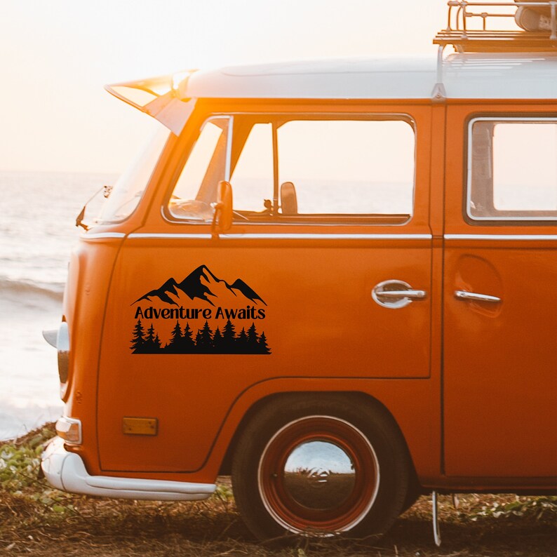 RV Camper Adventure Awaits Vinyl Decal, Mountains Travel Logo Car ...