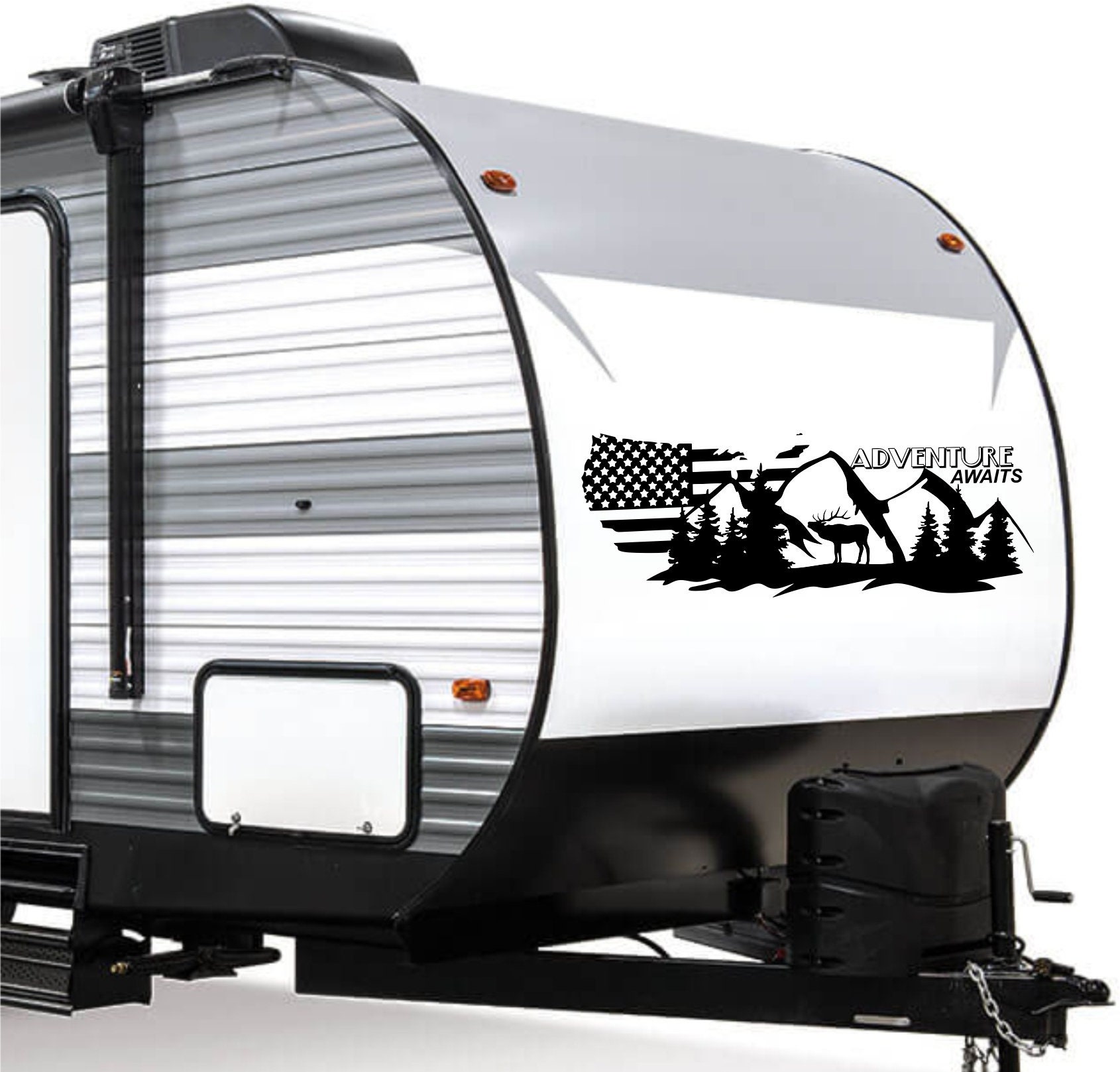 RV Camper Decal: American Flag, Deer, Mountains - Adventure Awaits - Etsy