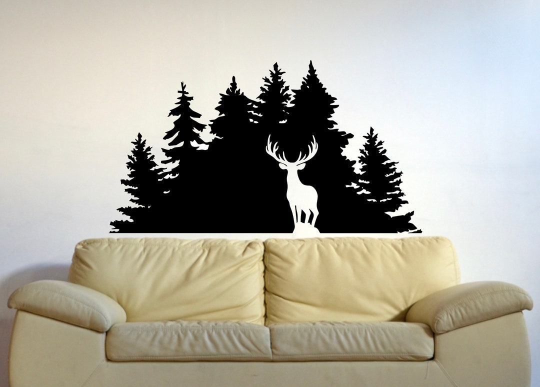 Deer in Forest Wall Decal, Deer Wall Sticker, Forest Mural Graphic ...