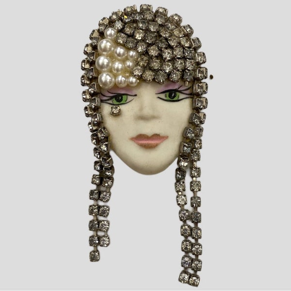 Vintage Porcelain Flapper Girl Face Brooch with Crystal Accents