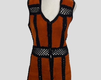 Vintage 70s Hippie Rust Orange Suede Black Crochet Button Front Vest Small Medium