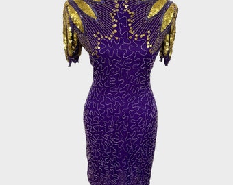 Vintage Scala Purple Gold Fully Beaded Open Back Glam Cocktail Dress Size Small