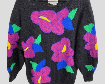 Grand pull noir en maille florale multicolore vif