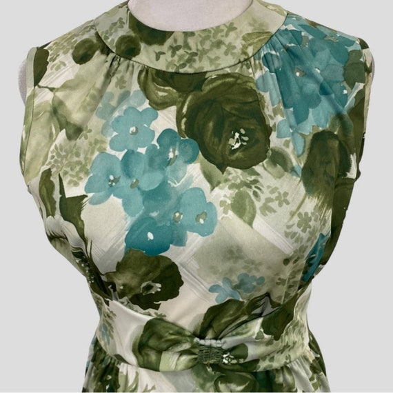 Vintage 60s 70s Leslie Fay Green Blue Floral Bow … - image 2