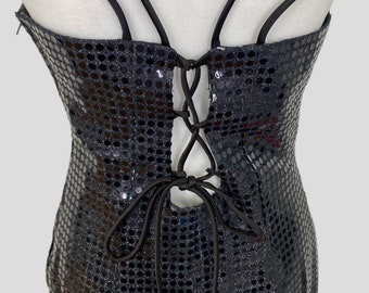 Vintage 90s Roberta Black Sequin Bombshell Lace up Maxi