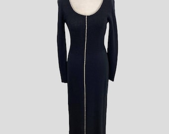 Vintage Bombshell Black Long Sleeve Knit Maxi Dress with Crystal Trim Small