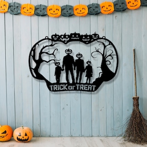 Letrero de entrada de metal personalizado para Halloween, arte de pared de metal para pedir dulces o trucos, letrero de metal personalizado con el nombre de la entrada a la casa, decoración de calabaza para la entrada de Halloween