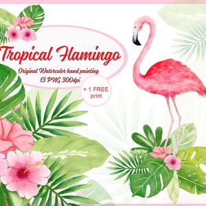 Flamingo clipart png, watercolor tropical leaves, tropical clip art PNG hand painted, instant download