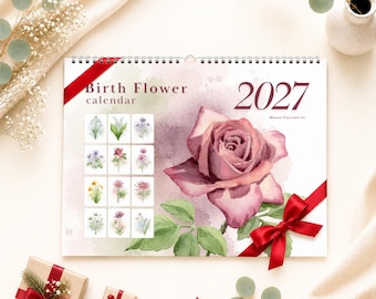 Calendario de flores de nacimiento 2027, regalo de Navidad para ella y para él, lámina decorativa imprimible en PDF.