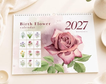 Calendario dei Fiori di Nascita 2027, Calendario da Parete ad Acquerello, Decorazione da Appendere in Cucina
