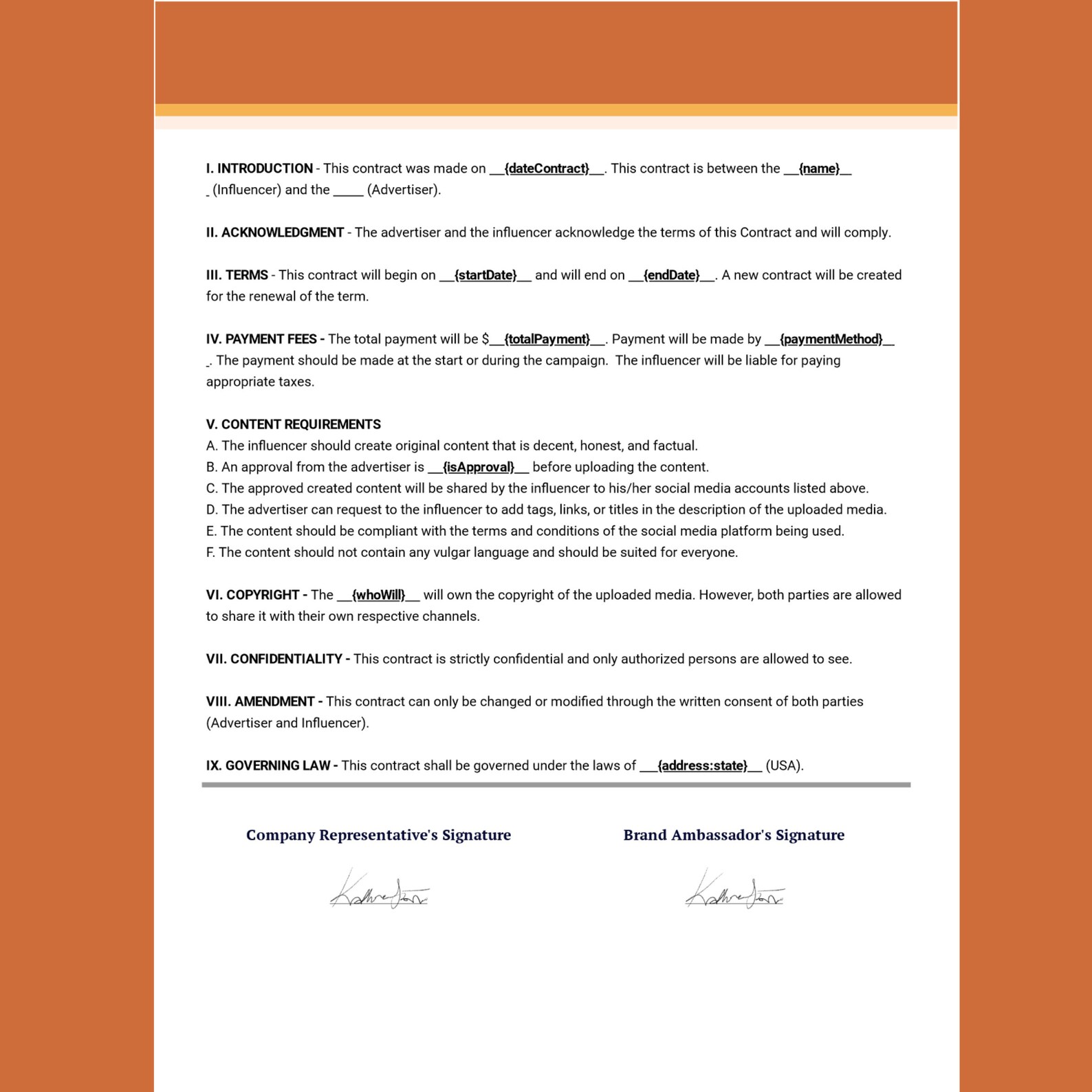 Influencer Contract Template Brand Ambassador Contract Etsy