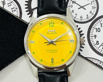 Vintage Hmt Pilot Mechanische Handaufzug Gelbes Zifferblatt 17Jewels Herrenarmbanduhr ~ Vintage Uhr ~ Geschenk zum Valentinstag für Sie / Ihn