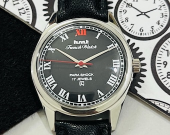 Vintage Hmt Französische Uhr Mechanische Handaufzug Schwarzes Zifferblatt 17Jewels Herrenarmbanduhr ~ Vintage Uhr