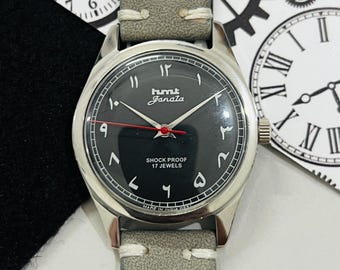 Vintage Hmt Janata arabische Ziffern schwarzes Zifferblatt Mechanische Handaufzug 17Jewels Herrenarmbanduhr