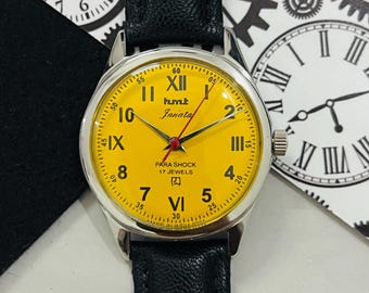 Vintage Hmt Janata Yellow Dial Roman Numerals Mechanical Hand winding 17Jewels Wrist Watch