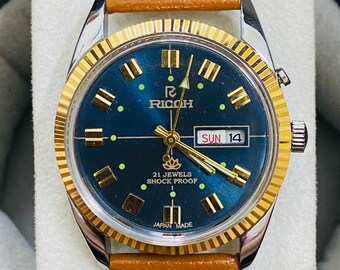 Vintage Ricoh esfera azul mecánico automático fecha/día 21 joyas reloj de pulsera para hombre