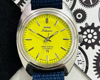 Wunderschöne HMT Kohinoor Gelbes Zifferblatt Mechanische Handaufzug 17Jewels Herrenarmbanduhr