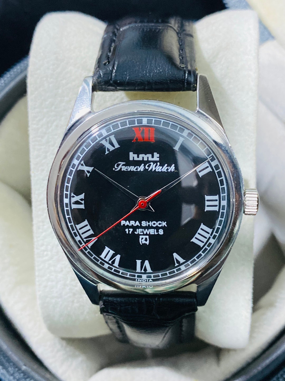 Hmt French Watch Roman Numerals Black Dial Mechanical