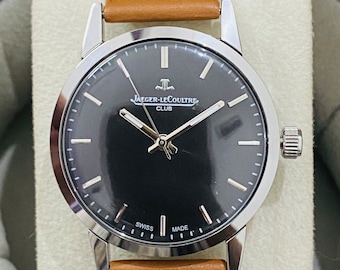 Orologio da polso vintage Jaeger LeCoultre Club a carica manuale con quadrante nero, realizzato in Svizzera, orologio meccanico a carica manuale, regalo per lui/lei