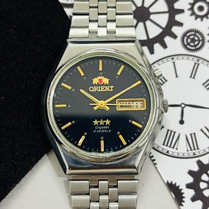 Vintage Orient Tri Star Automatic Black Dial Date & Day Wrist Watch/Japan Made Watch