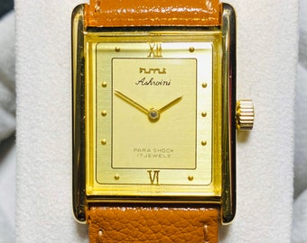 HMT Ashwini Tank Golden Dial Gold Plated Hand Winding 17 Jewels Mens Wrist Watch