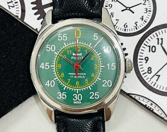 Vintage Hmt Pilot Mechanische Handaufzug Grünes Zifferblatt 17Jewels Herrenarmbanduhr