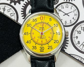 Reloj de pulsera mecánico vintage HMT Pilot de cuerda manual con esfera amarilla y 17 joyas para hombre. Reloj vintage. Regalo de San Valentín para él o ella.