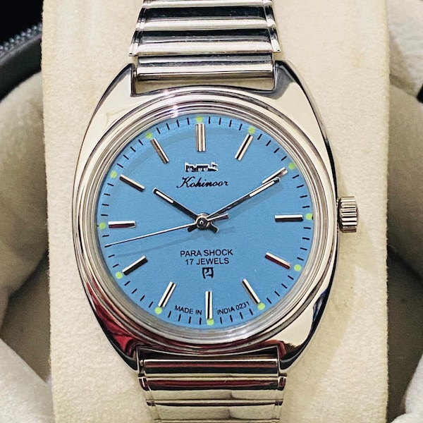 Rare HMT Kohinoor Blue dial with original steel belt Mechanical manual winding 17Jewels Men’s Wrist Watch