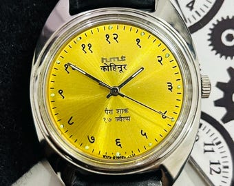 Wunderschöne HMT Kohinoor Devanagari Gelbes Zifferblatt Mechanische Handaufzug 17Jewels Herrenarmbanduhr