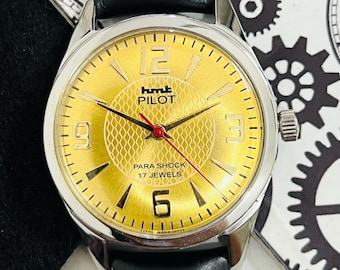 Vintage Hmt Pilot Golden Dial Hand winding 17Jewels mechanical wrist watch