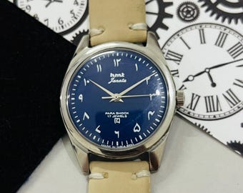Vintage Hmt Janata arabische Ziffern blaues Zifferblatt mechanische Handaufzug 17Jewels Herrenarmbanduhr