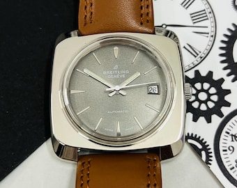 Vintage Breitling Geneve Automatic Date And Day Grey Dial Swiss Movement Men’s Wrist Watch